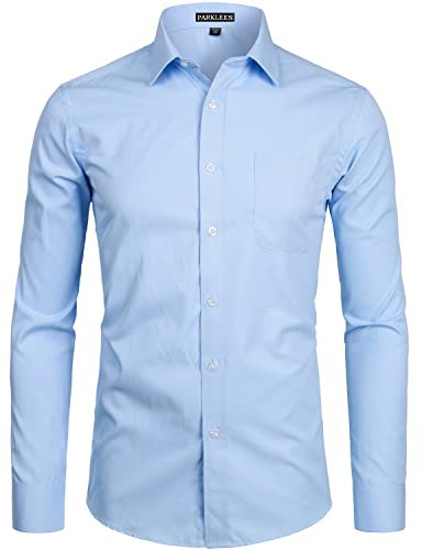 PARKLEES Men's Long Sleeve Dress Shirt Solid Slim Fit Casual Business Formal Button Up Shirts with Pocket Blue L