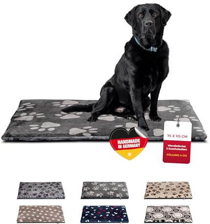 HS-Hundebett® Hundedecke L (75x115 cm) – Wendbar & gemütlich Dank 3 cm Füllung – Perfekt fürs Sofa, Auto & Hundebox – Pfote Anthrazit, Made in DE