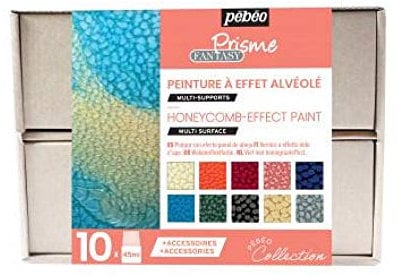 Pébéo Fantasy Prisme Collection Box - Farben mit Fantastischen Effekten - 10 x 45 ml Flaschen Gemischte Farben, 2 x 20 ml Relief Paste, 4 x Pipetten, 1 x Schwamm, Kreativer Ratgeber