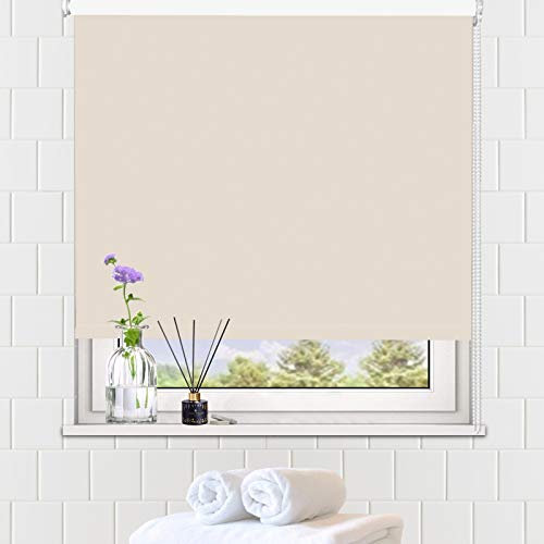 LUCKUP 100% Blackout Waterproof Fabric Window Roller Shades Blind, Thermal Insulated,UV Protection,for Bedrooms,Living Room,Bathroom,The Office, Easy to Install 84 x 183 cm(Cream)