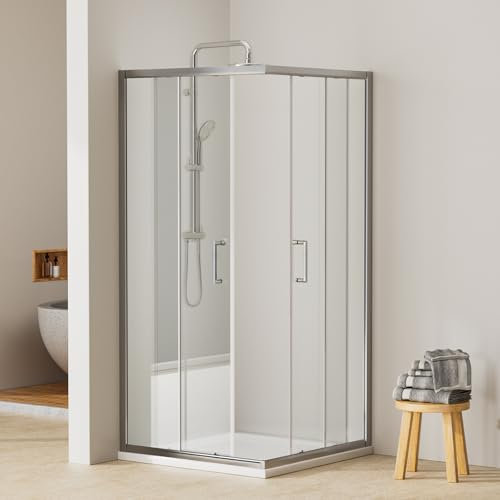 EMKE Eckeinstieg Duschkabine 80 x 80 cm Duschabtrennung Doppel Schiebetür Duschtür Duschwand Mit Nano-Beschichtung Höhe 195cm