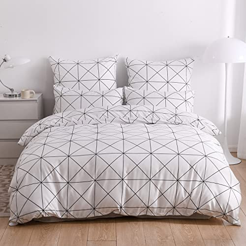 DXHOME Karo Bettwäsche 220x240 cm Weiß Schwarz Bettbezug Set Kariert Landhaus Bettgarnitur King Size Bettwaesche Geometrisch Karierte Deckenbezug und 2 Kissenbezüge 80x80cm mit Reißverschluss