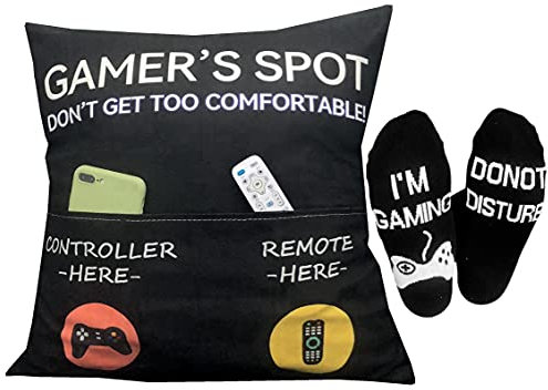 Gaming Room Décor, Pocket Design Gamer’s Spot 18X18Inch Throw Pillow Covers 18 x 18 Inch + Gamer Socks, Stocking Stuffers Gaming Gifts Easter Basket Stuffers for Teen Boys Girls Men Father Boyfriends
