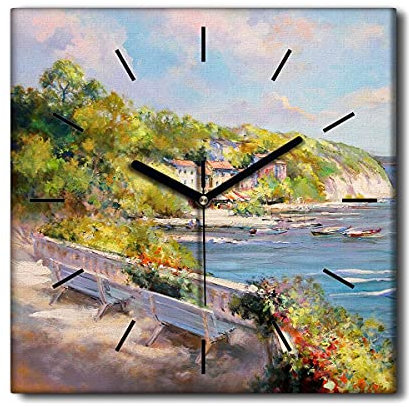 Coloray Uhr auf Leinwand - Schwarze Hände - Wohnzimmer Schlafzimmer 30x30cm Dekoration Wandkunst Lautlos Nicht Tickend Moderne Kunst Wandgemälde - Landschaft Italien Bay.