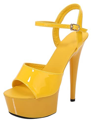 Minetom Damen Plateau Pumps High Heels Stiletto Schnallenschuhe Sandaletten Absatzschuhe Peep Toe Plattform Abend Party Sandalen Gelb 39 EU