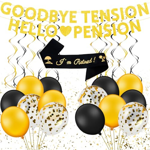BBTO 29 Stücke Ruhestand Party Dekoration, Banner Schärpe | Goodbye Tension Hello Pension, Banner, Pailletten Latexballons, Schwarzes Gold Wirbel, Gold Funkeln Pailletten