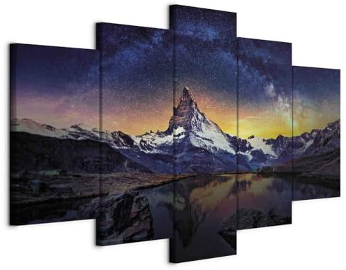 B&D XXL - Leinwandbild Gebirge Alpen Matterhorn, 150x75 cm, 5-teilig | Hochwertige Leinwand, sofort aufhängbar, ideal fürs Wohn- oder Schlafzimmer, wasserfest und lichtecht, langlebig, stilvoll