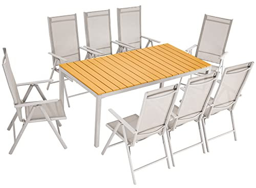 Casaria® Sitzgruppe Bern 8+1 Aluminium 7fach Verstellbar Hochlehner Klappbar WPC Gartentisch 180x90cm Wetterfest Garten Terrasse Sitzgarnitur Set Natur