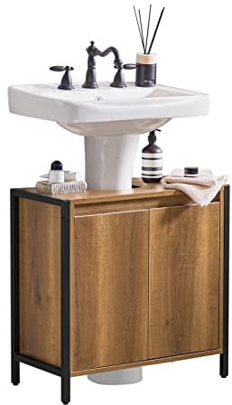 SoBuy Waschbeckenunterschrank Schrank Badmöbel Badezimmer Unterschrank mit 2 Türen und Regal, Waschbeckenunterschrank schmal stehend Badunterschrank für kleine Bäder Gäste-WC 60x60x30 cm BZR63-II-PF
