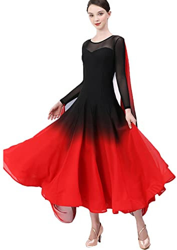 JRUIA Standard Ballsaal Kleider Für Frauen Mesh Flamenco Walzer Performance Tanz Outfit Modernes Tango Trainings Tanzkostüm Große Schaukel Langer Elastischer Salsa Rock Farbverlauf,Rot,S