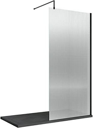nuie WRFL18580BP Fluted Modern Bathroom 8mm Toughened Safety Glass Wetroom Screen with Bar, 800mm, Satin Black