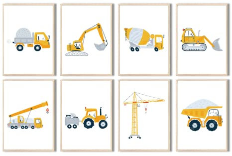 MeinBaby123® Bilder Baufahrzeuge | 8er Set DIN A4 | Bagger, Kran, Baumaschine, Kipplaster | Poster Kinderzimmer | Deko Bilder Kinderzimmer Junge | Babyzimmer | Premium Qualität (Bagger V5)