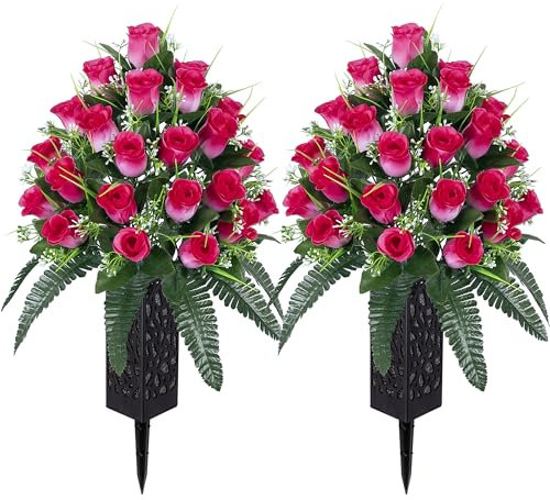 LVXINLI Künstliche Friedhofsblumen, Grabdekoration, Rosen, schöne Arrangements, Blumenstrauß mit Friedhofsvase, dauerhafte und nicht blutende Farben, Rosa, 2 Sets