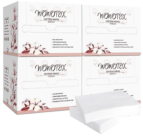 WOWOTEX Lot de 200 serviettes jetables 100 % coton 25,4 x 30,5 cm | Lingettes sèches biodégradables épaisses et douces à usage unique pour peaux sensibles, soins de bébé, nettoyage du visage