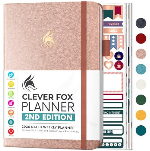 Clever Fox Planner 2nd Edition Dated Jan 2026-Jan 2027 – Colorful Weekly & Monthly Goal Setting Planner, Habit Trackers, Time Management and Productivity Organizer, Gratitude Journal, A5 (Rose Gold)