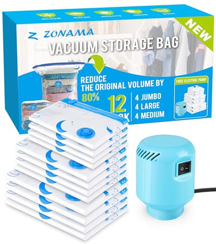 Vakuum-Aufbewahrungsbeutel mit elektrischer Pumpe, 12 Stück Kombi-Größe, platzsparende Tasche für Kleidung, Matratze, Decken, Bettdecken, Kissen, Bettdecken, Bettdecken, Bettdecken, Reisen