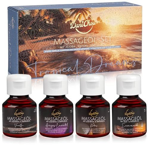 DaniChou Tropical Dreams Massageöl Set – 4x 50 ml – Körperöl mit Kokos, Vanille, Amyris-Lavendel & Erwärmendem Kampfer-Duft – Angereichert mit Jojoba- & Mandelöl, Ideal für Aromatherapie & Massage