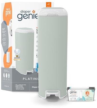 Diaper Genie Platinium – Seau à Couches Anti-Odeurs | Acier Inoxydable | Grande Capacité 47 Couches | Recharge Durable Jusqu’à 5 Mois | Ouverture Large & Pédale Pratique - Green