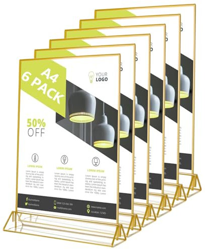 AHAQU 6PCS A4 Acrylic Sign Holder, Double Sided Perspex Display Stand, T-Shape Poster Menu Holder with Gold Borders for Wedding Table Numbers, Restaurant, Office