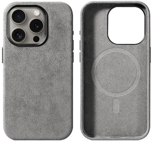 GAZIXCUN Alcantara-Wildleder-Hülle für iPhone 15/15 Plus/15 Pro/15 Pro Max, Vollständig Umwickeltes Echtes Italienisches Wildleder, Kompatibel mit Magsafe, rutschfeste, Stoßfest,Titanium,15 Pro Max