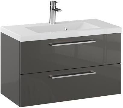 Furni Rosen 80 cm Hängend Waschbecken mit Unterschrank und Stilvollen und Chromgriffen Waschbeckenunterschrank Badezimmer Waschtisch mit Unterschrank Waschtischunterschrank