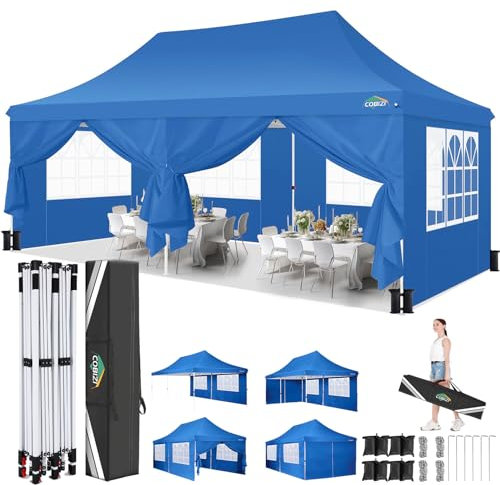 COBIZI Gazebo pieghevole, 3 x 6 m, impermeabile, stabile, con 6 parti laterali, tetto alto e borsa per il trasporto, gazebo da giardino, feste, festival, matrimoni, UV50+