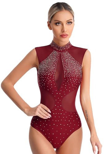 renvena Damen Ballett Body Trikot Ärmellos Ballettanzug Leotard Turnbody mit Strass Gymnastikanzug Tanzbody Rückenfrei Dancewear Burgundy S