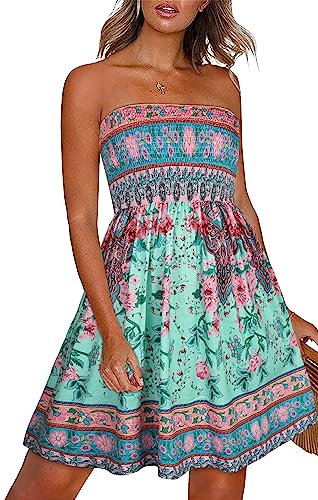 Gosunny Robe d'été pour femme - Épaules dénudées - Sans manches - Robe de plage élégante - Courte - Bikini Cover Up, vert rose bohème, XXL