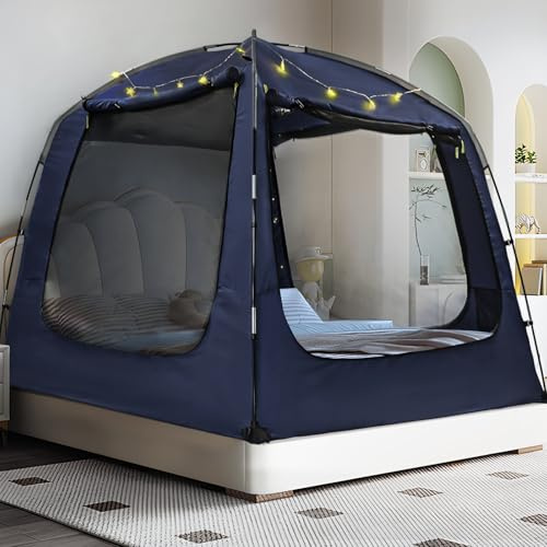 RIYDH Bettzelt, Betthimmel, atmungsaktiv, 100 % für Erwachsene und Kinder, Lichtreduzierung, Schlafzelte, Innenbereich, tragbar, großer Raum mit Lichterkette, 4 Türen, Doppelbett, Queen-Size-Bett