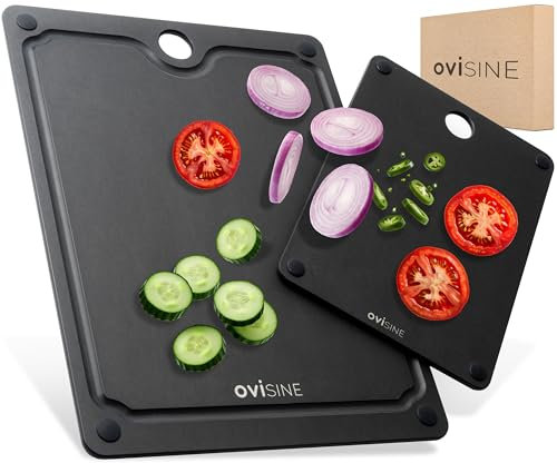 ovisine Schneidebretter-Set Lyons | mit Saftrille | Frühstücksbrettchen spülmaschinenfest | rutschfest | aus Kunststoff und Holzfaser | Küche | Schneidebrett | L 37 x B 27,5 / L 25 x B 19 cm