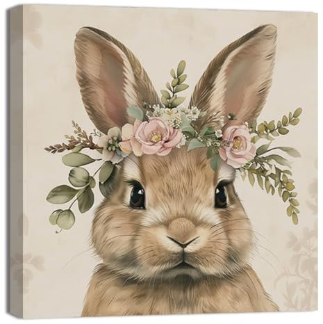 ZQQART Hase Leinwandbild Wandbild Niedliches Tier Trägt Eine Blumenkrone Bilddrucke Retro Osterhase Gemälde Kinderzimmer Babyzimmer Wanddekoration Rahmen(40x40cm)