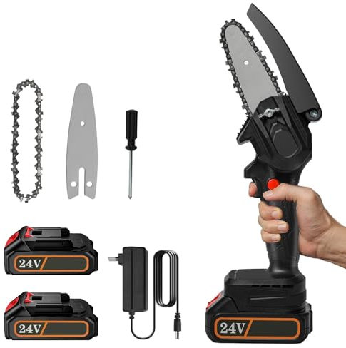 Mini tronçonneuse sans fil de 10,16 cm, mini tronçonneuse avec batterie de 6500 mAh, avec 2 batteries de 24 V, pour sécateur, élagueur, coupe du bois (2 batteries, 1 chargeur)