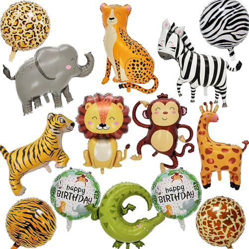 XXXL Dschungel Folienballon Tiere Dekoration - 14 Stück Safari Tier Luftballons Set mit Löwe, Tiger, Elefant Jungle Luftballon für Kindergeburtstage, Dschungel Themen Geburtstag für Jungen Mädchen
