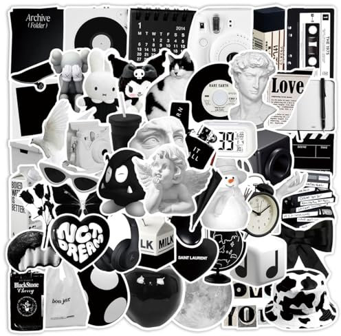 Schwarz-Weiß Aufkleber Vintage Stickers 50 Stück Skateboard Graffiti Aufkleber Motorräder Fahrrad Snowboard Gepäck Laptop Auto Koffer für Kinder und Jugendliche Wasserdichte Vinyl Aufklebe