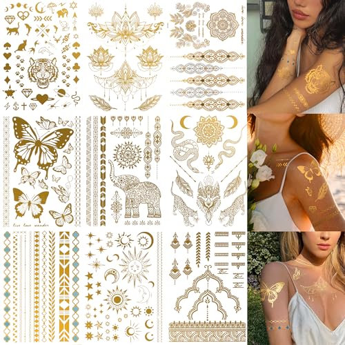 9 Blatt Gold Temporäre Tattoo Aufkleben Damen Flash Glitzer, Metallic Festival Accessoires Erwachsene Party Zubehör Frauen Mädchen Haut Halloween