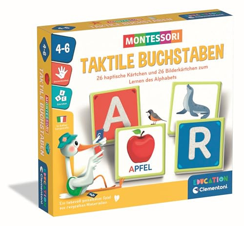 Clementoni Education Taktile Buchstaben | Lernspiel für Kinder ab 4 Jahren - 26 Karten mit haptischen Buchstaben & 26 Bilderkärtchen zum Lernen des Alphabets