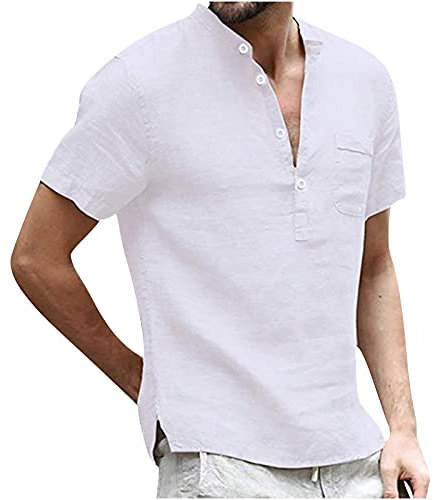 T-shirt à manches courtes pour homme, automne été, col en V, en lin, uni, coupe droite 2024, O-792 Blanc, M