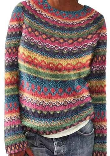 SCBFDI Norweger Pullover Damen, Fair Isle Pullover Damen Elegant Rundhals Pullover Basic Langarmshirt Bunte Strickpullover Casual mit Aufdruck GroßE GrößEn Warm Winter Jumpers
