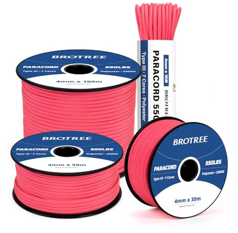 Brotree 550 Paracord 4mm 15m Schnur 100% Polyester Seil Reißfest Typ III 7 Kern für Armbänder, Basteln, Outdoor, Camping, Survival - Neon Pink
