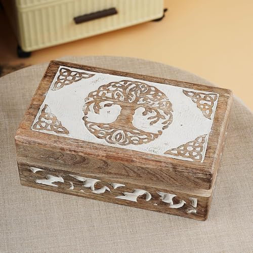 SWACRAFT Handmade Whitewash Mango Wood Tree of Life Keepsake Jewelry Box Jewellery Organiser Unique Gift Ideas for Men & Women Multipurpose Treasure Chest Organizer Box | 8 X 5 X 2.5 Inch