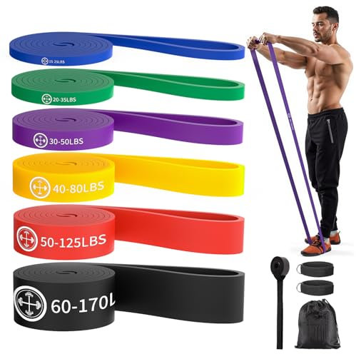 Set de 6 Bandes de Résistance Musculation (6-77kg),2 Sangles de Cheville et Sac de Transport. Bandes de Gymnastique pour Yoga, Bandes de résistance pour Pilates, Elastique Musculation