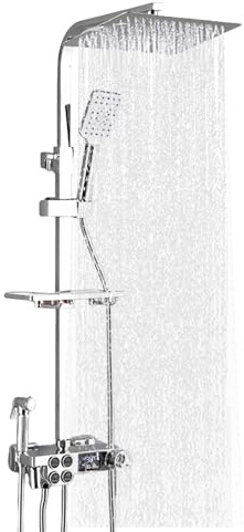 JDKJAG Shower Kit Set, Stainless Steel Shower System, Thermostatic Shower Mixer with Led Temperature Display Screen, Three Shower Modes for Families, Hotels,Elderly and Children (Silver Constant)