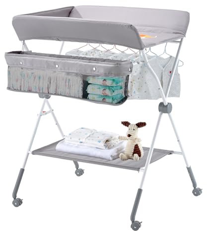 VEVOR Fasciatoio per Neonati, Fasciatoio Pieghevole con Cestino Laterale Portatile ad Altezza Regolabile con Ruote Bloccabili, Organizzatore Multifunzionale per Cameretta dei Bambini, Grigio Chiaro