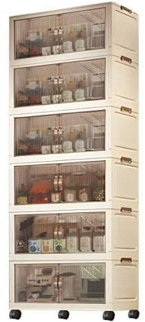 6-Tier Stackable Wardrobe Storage Bins with Front Door & Wheels,Plastic | Fodable Storage Boxes,Clear Folding Storage Drawers for Bedroom,Closet,Office Organizer Boxes