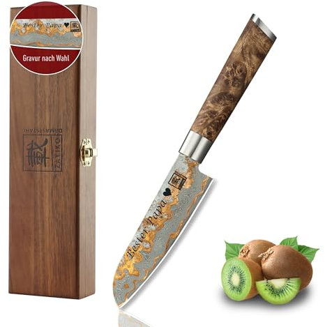 zayiko MysticMagma kleines Santokumesser mit Gravur – Personalisiertes Messer, 12 cm Damaststahl-Klinge, Kupfer- & Bronzeinlay, Ahornwurzelholzgriff – Messer mit Gravur personalisiert, Geschenkbox