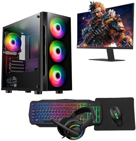 Flash Gaming PC Bundle – Intel Core i7, GT710 2GB Graphics, 16GB RAM, 1TB HDD + 128GB SSD, 22 Monitor, Keyboard, Mouse, Headset, Windows 11, WiFi – Gaming PC for Daily Use (Black)