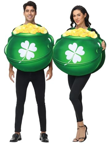 Seasons Adult Pot of Gold Costume, Novelty St. Patrick's Day Dress Up, Green Leprechaun Lucky Clover Outfit, One Size