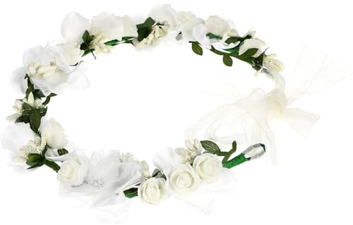CIYODO Hochzeitshaarband Blumenstirnband Verstellbar Brautkranz Weiß mit Künstlichen Rosen Haarschmuck für Braut und Blumenmädchen