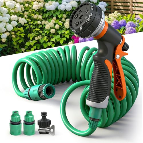 Weciau Spiralschlauch Wasser, 7.5M Gartenschlauch Flexibel mit 8 Funktions Brause Schlauchverbinder, Handbrause Wasserschlauch, Flexischlauch für Autowäsche, Haustierdusche, Gartenbewässerung, Grün