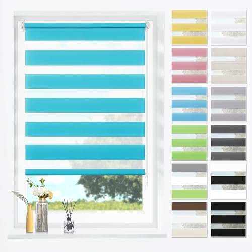 SBARTAR Doppelrollo Klemmfix ohne Bohren & mit Bohren Türkis B70 x H120 cm (Stoffbreite 70 cm), Duo Rollo lichtdurchlässig Fensterrollo für innen verdunkelnd, ZeBrarollo für Fenster und Tür | Duo Rollo lichtdurchlässig Fensterrollo für innen verdunkelnd, ZeBrarollo für Fenster und Tür